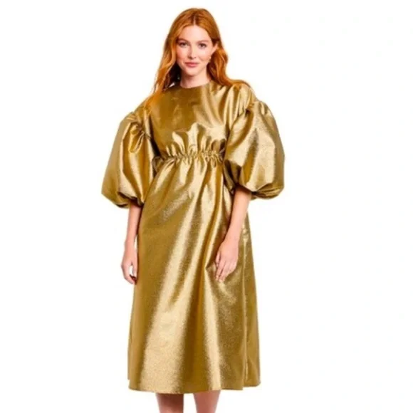 Radiant Gold Puff Sleeve Midi Dress - Picture 2 of 4